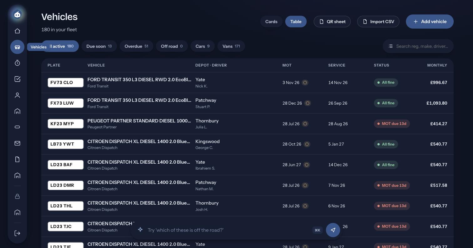 FleetGenius vehicle register